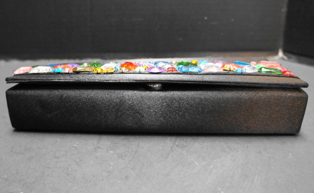 Black Satin Evening Bag Colorful Faux Rhinestones Embellished