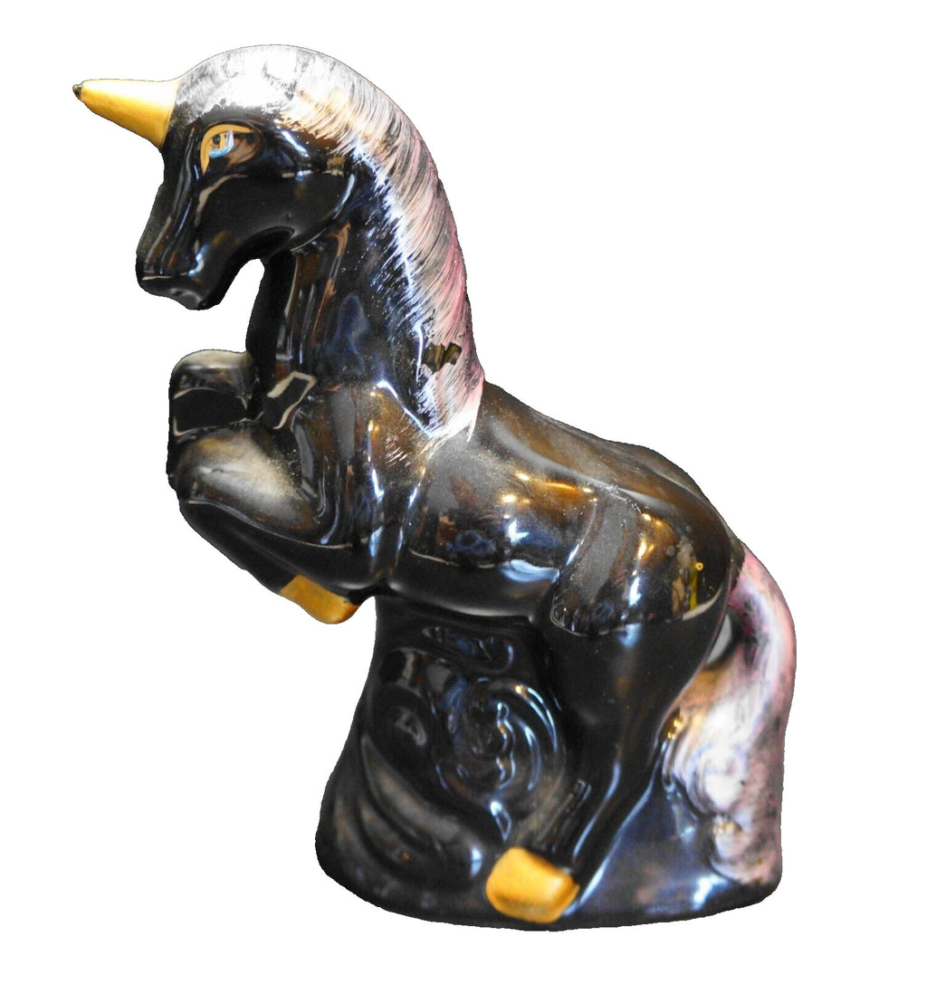 Black Glossy Unicorn Figurine Standing Gold Trim Pink Mane Tail