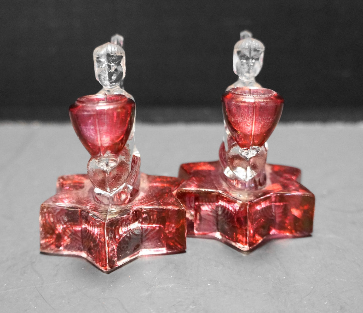 LE Smith Small Angel Candle Holders Star Base Crystal Ruby Flashed Pair