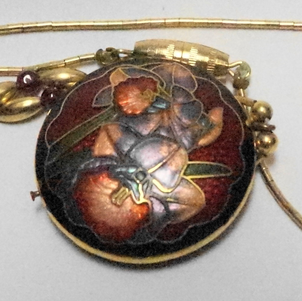 Vintage Cloisonne Round Pendant Floral Red Purple Gold Tone Beads Necklace