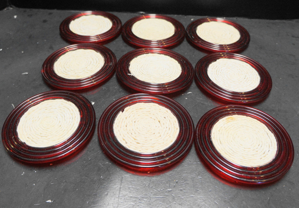Ruby Red Lucite Acrylic Plastic Round Coasters White Swirl Centers Set of 9