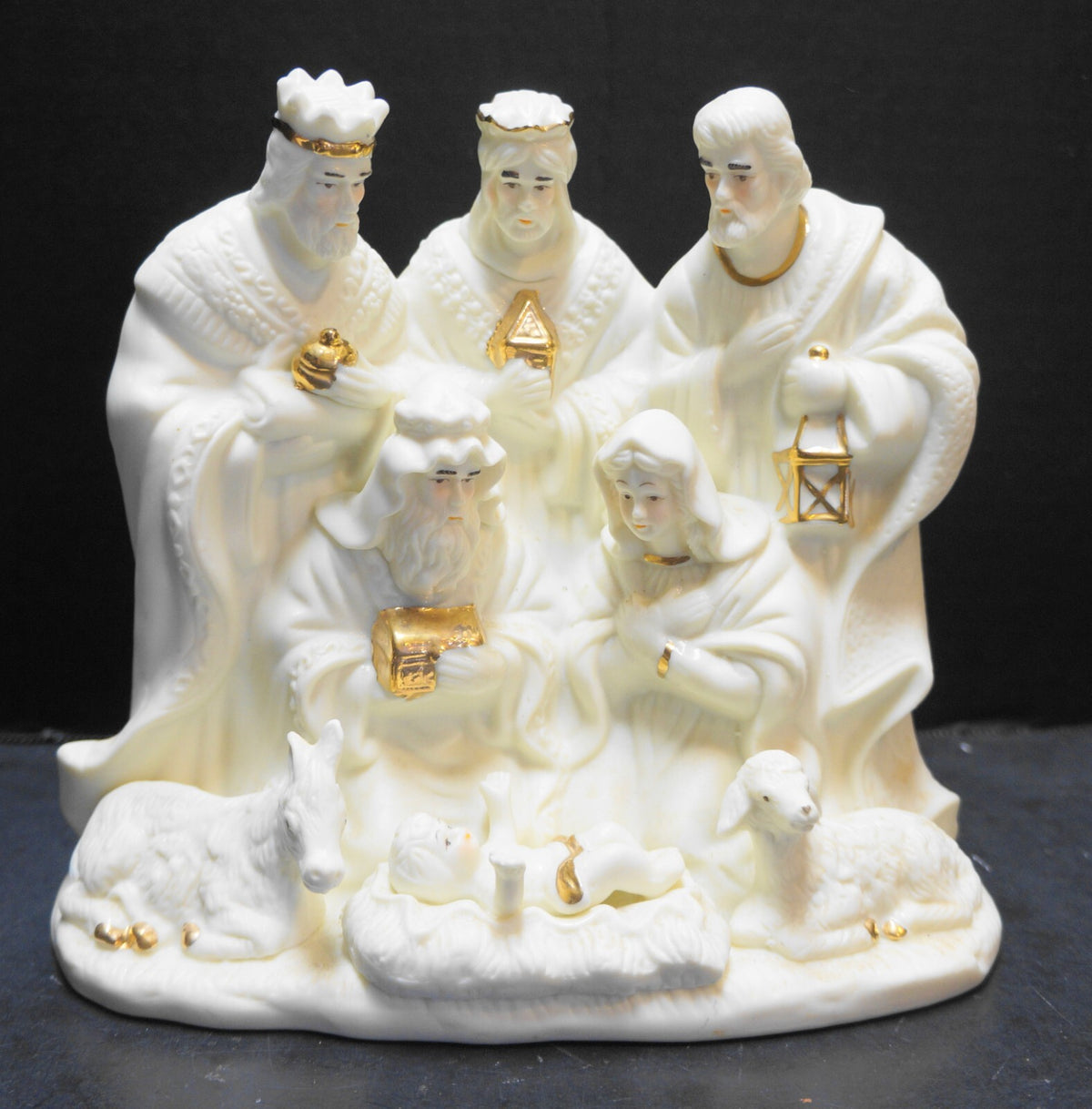 Cream Ivory Bisque Porcelain Nativity Set One Piece Figurine Hand Painted Gold