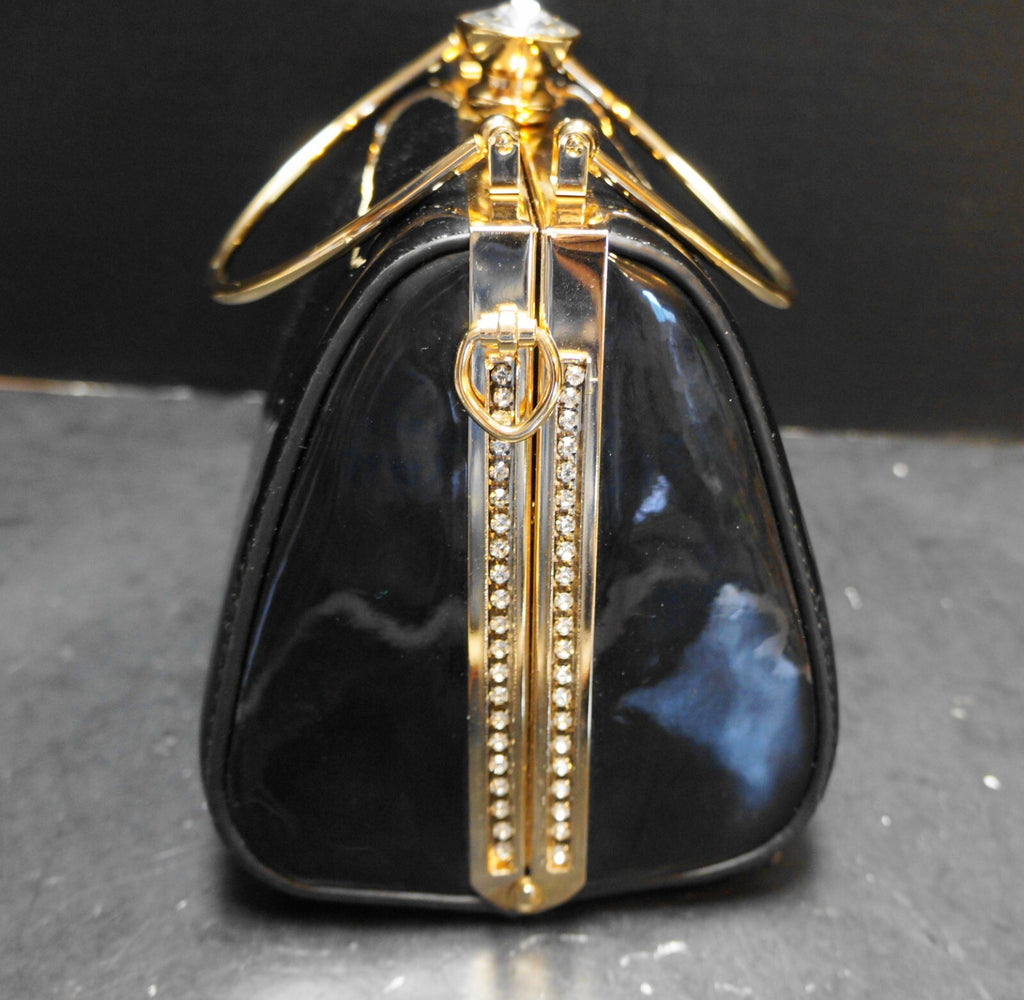La Terre Fashion Black Patent Vegan Leather Clear Rhinestones Purse Box Style