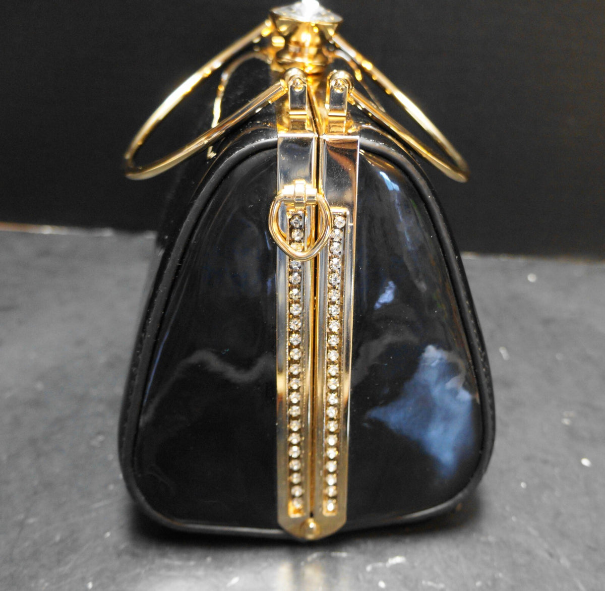 La Terre Fashion Black Patent Vegan Leather Clear Rhinestones Purse Box Style