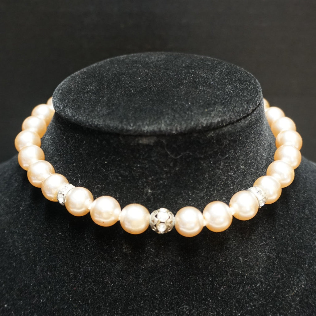 Champagne Colored Faux Pearl Rhinestone Rondelle Choker Necklace Japan