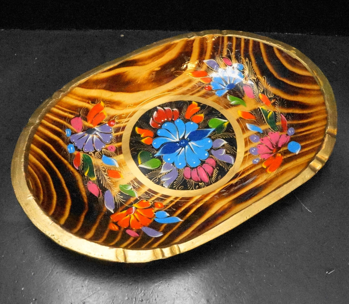 Mexican Batea Hand Painted Bright Flowers Wood Oval Tray Folk Art