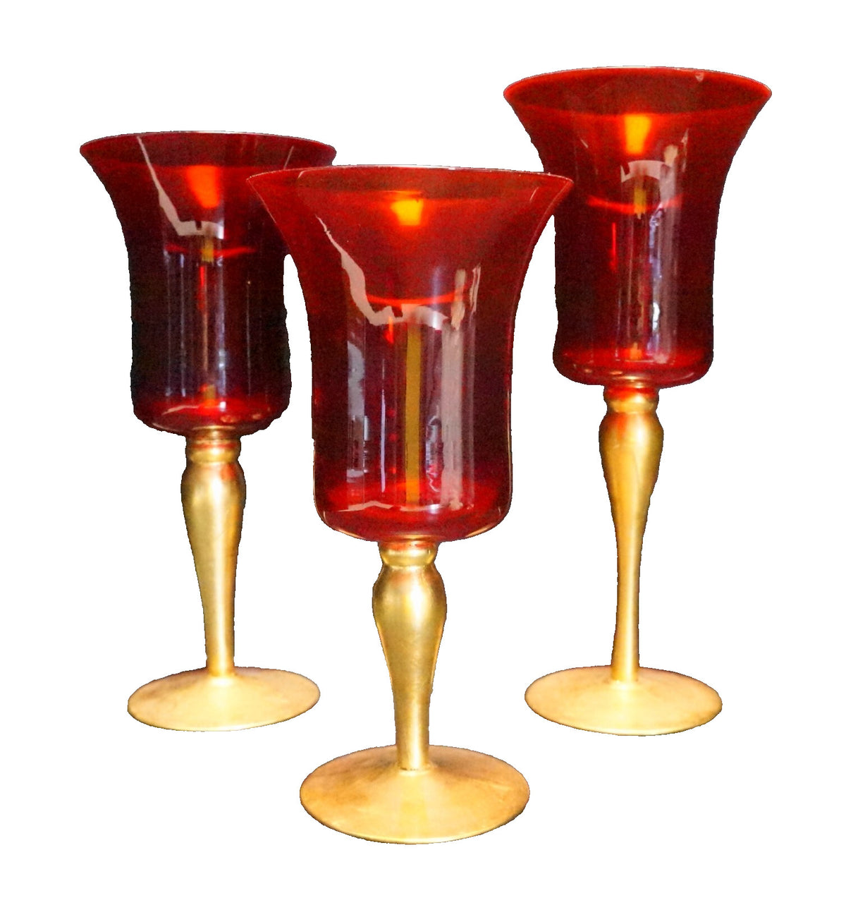 Ruby Red Glass Gold Painted Stems Candle Holders Trio Large Goblet Style