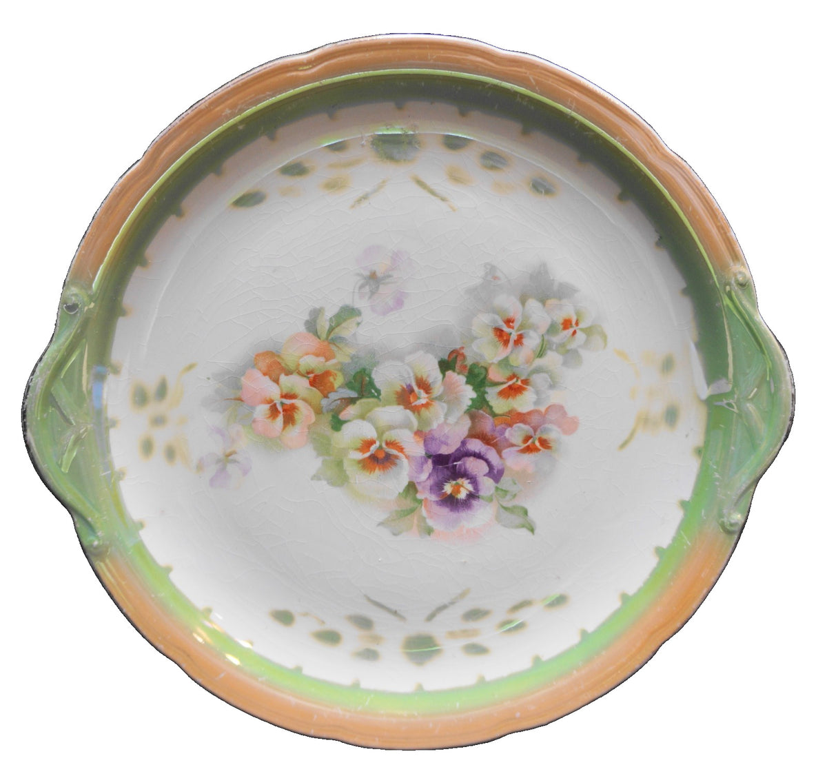 Lustreware Trim Pansy Pansies Decal Decorated Tab Handled Cake Plate
