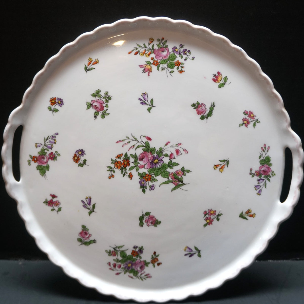 Victoria Austria Roses Floral Scalloped Rim Handled Cake Plate