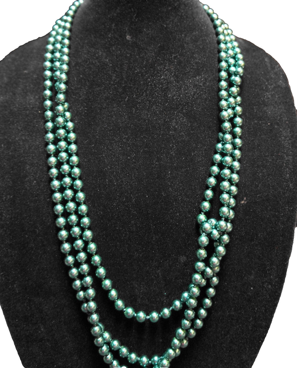 Dark Green Flapper Length 100 IN Single Strand Faux Pearls Necklace Hand Knotted