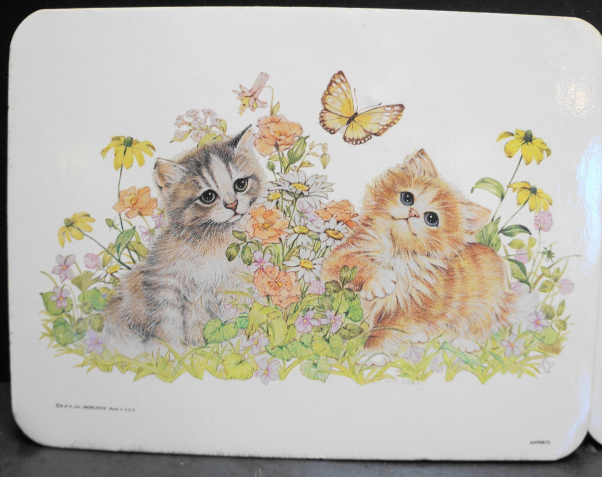 Bright Crest Hot Plaque Trivets Pair Puppies Kittens 1979