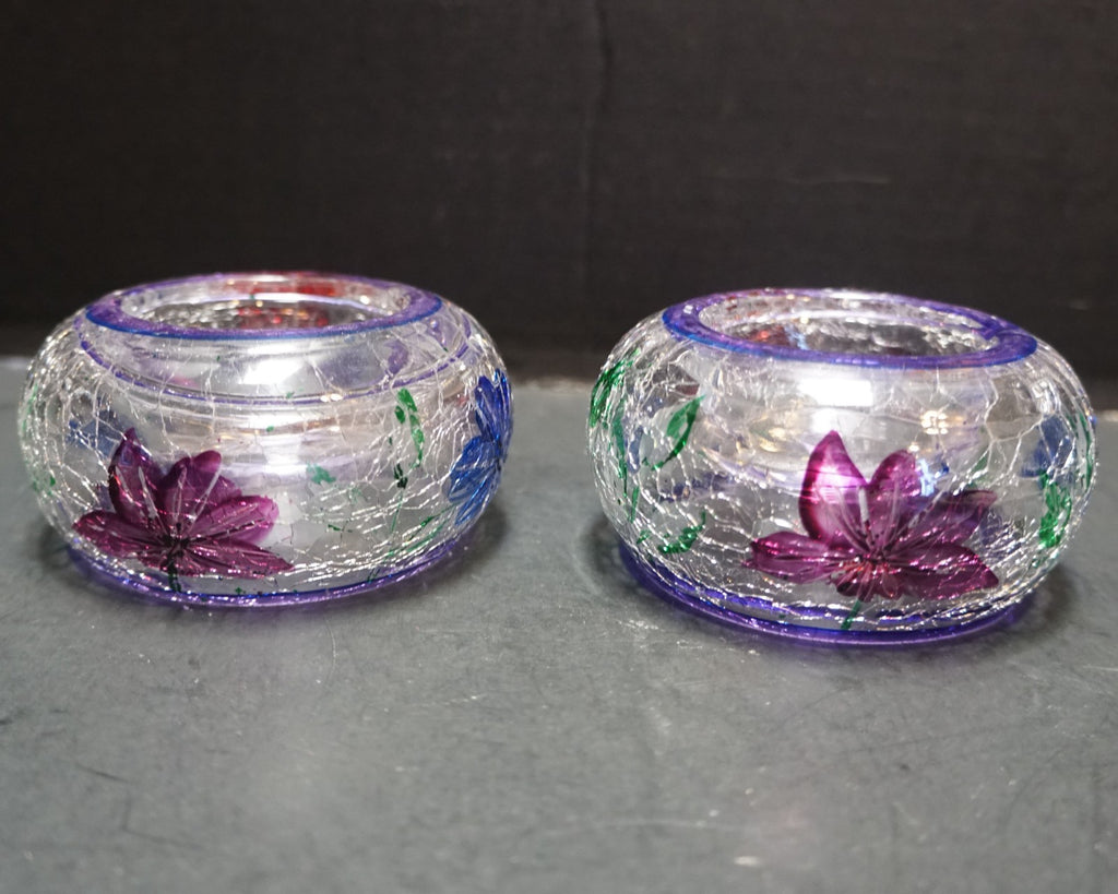 Yankee Candle Crackle Glass Floral Hand Painted Tea Light Votive Candle Holders