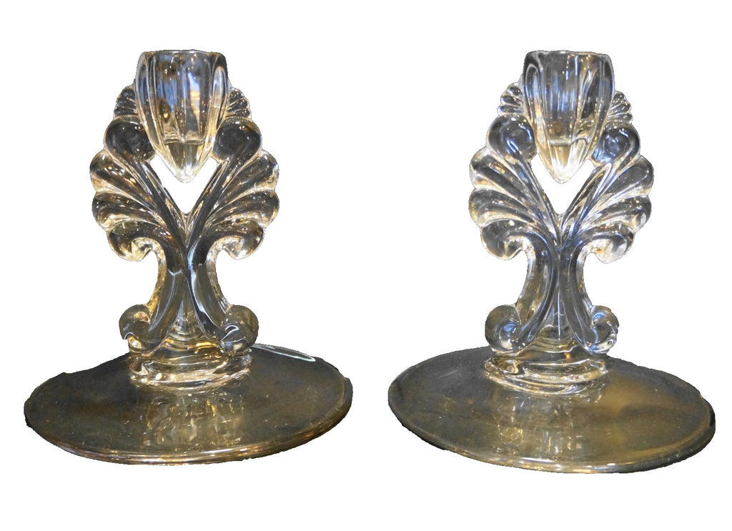 New Martinsville Janice Clear Depression Elegant Glass Candle Holders Pair