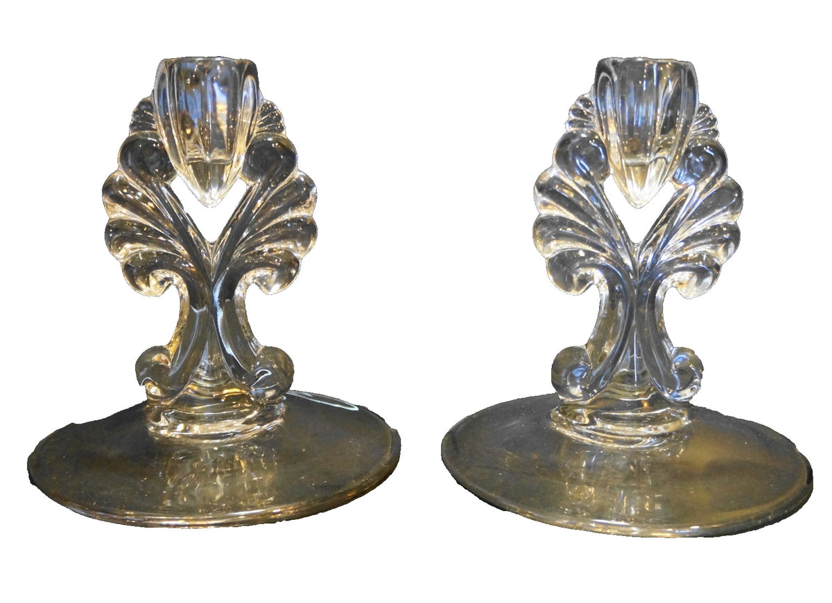 New Martinsville Janice Clear Depression Elegant Glass Candle Holders Pair