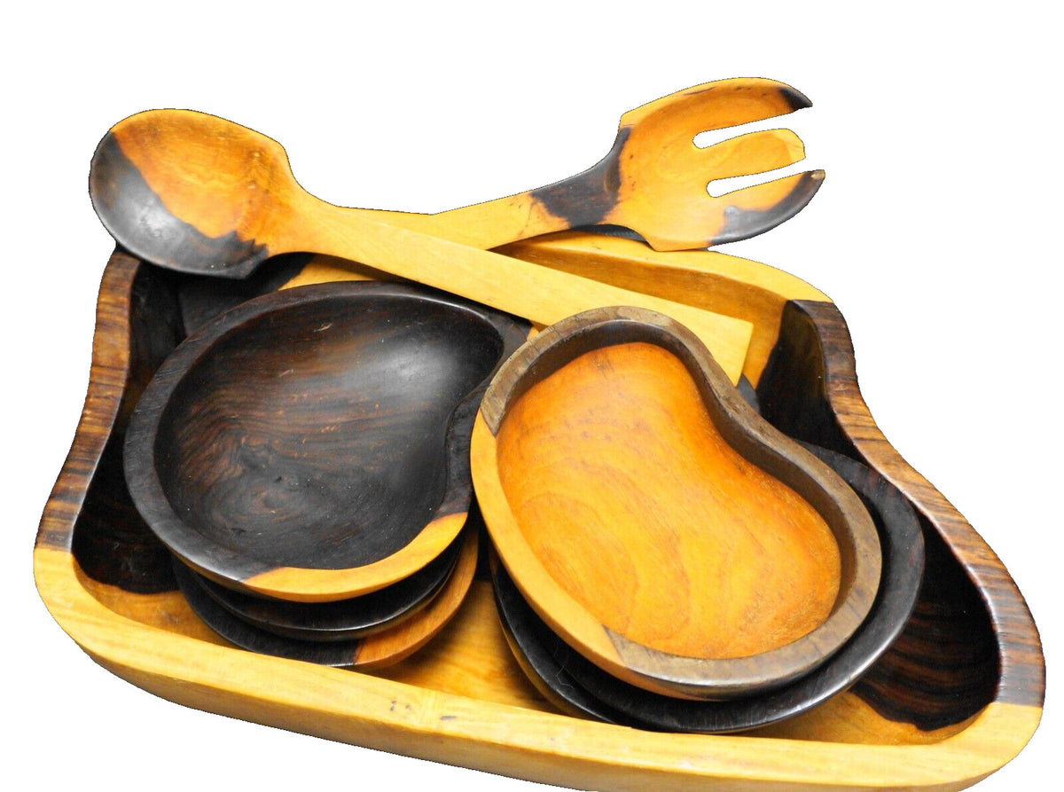 Hand Carved Blackwood Salad Set 9 Pieces Bowls Servers