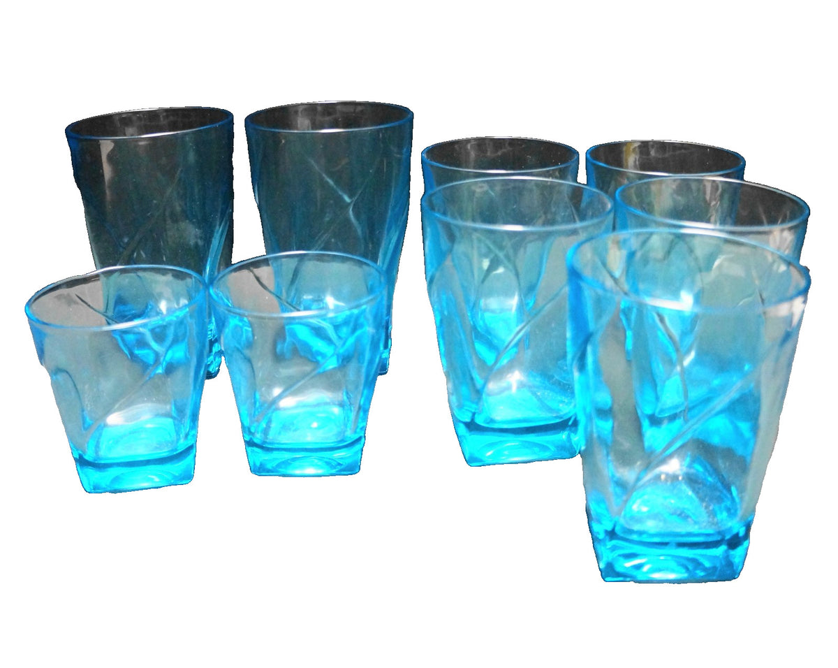 Hazel Atlas Capri Colonial Blue Swirl Square Base 9 Tumblers Various Sizes