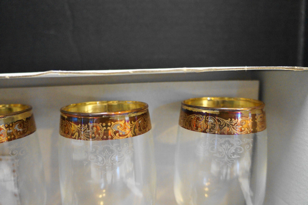 Cellini Water Goblets Set of 4 Gold Encrusted Etched