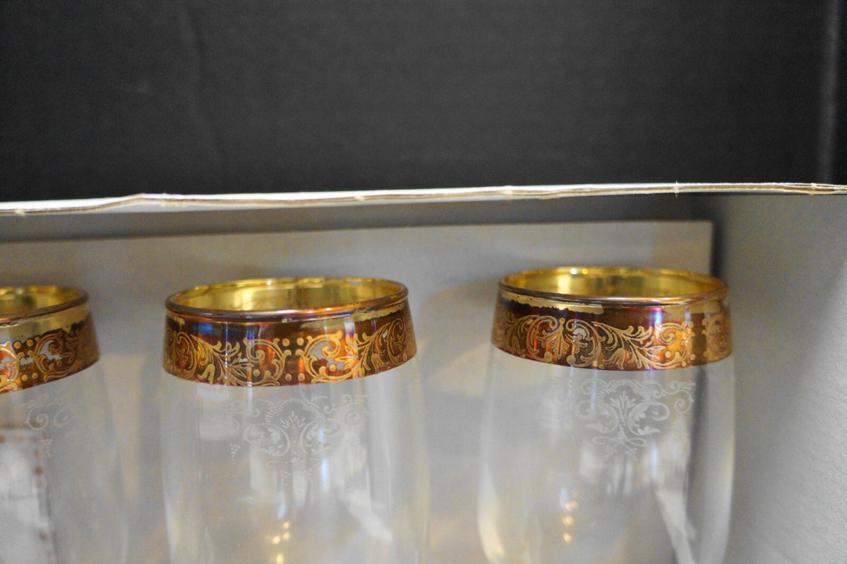Cellini Water Goblets Set of 4 Gold Encrusted Etched