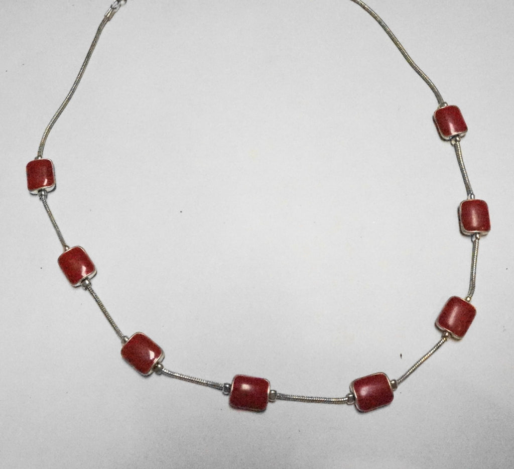 Red Enamel Rectangle Bead Silver Tone Necklace