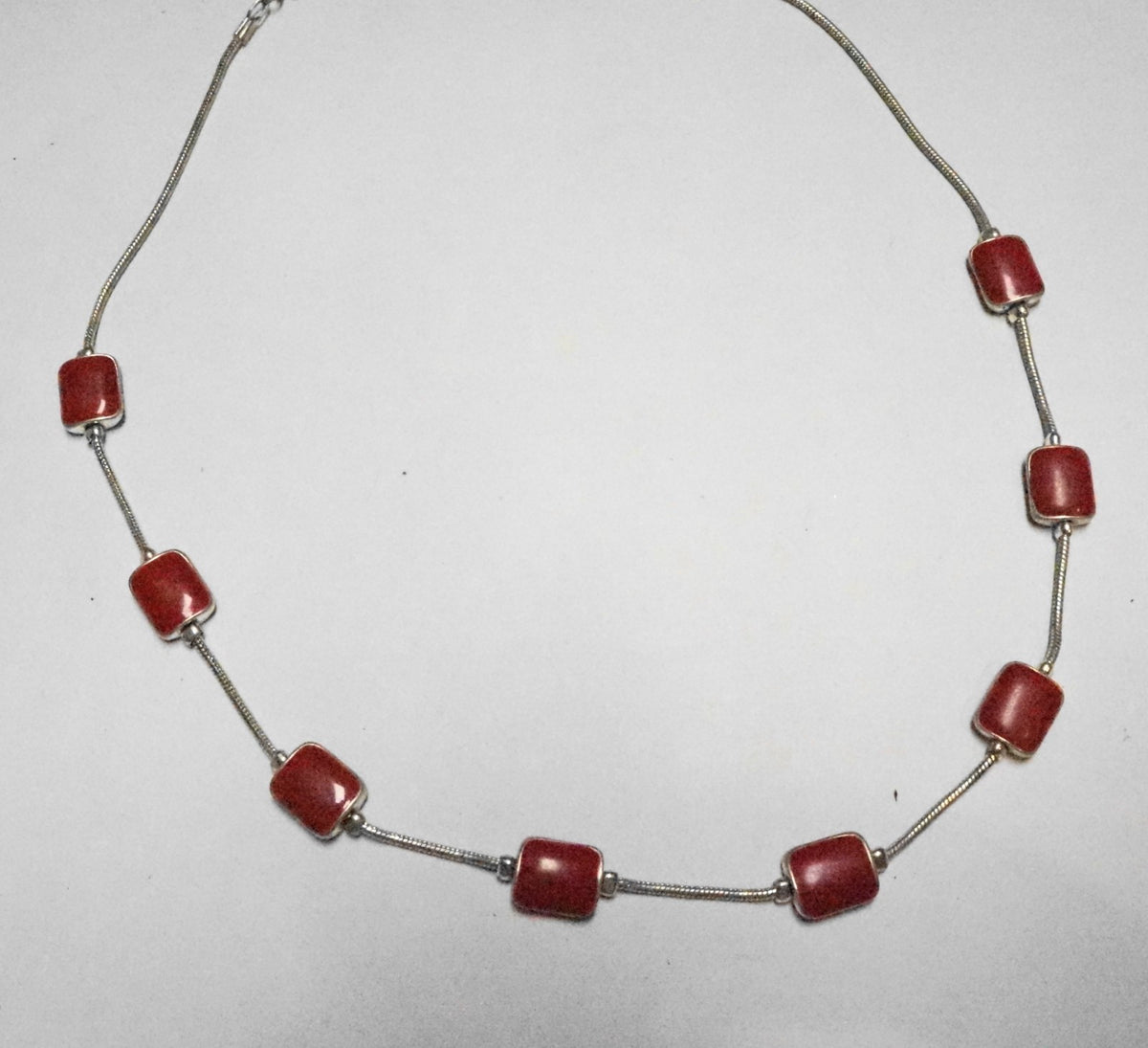 Red Enamel Rectangle Bead Silver Tone Necklace