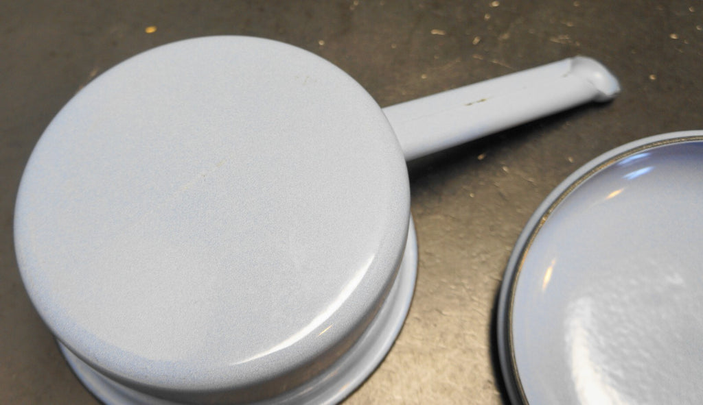 Light Blue Black Trim Enamel Saucepan 1950s