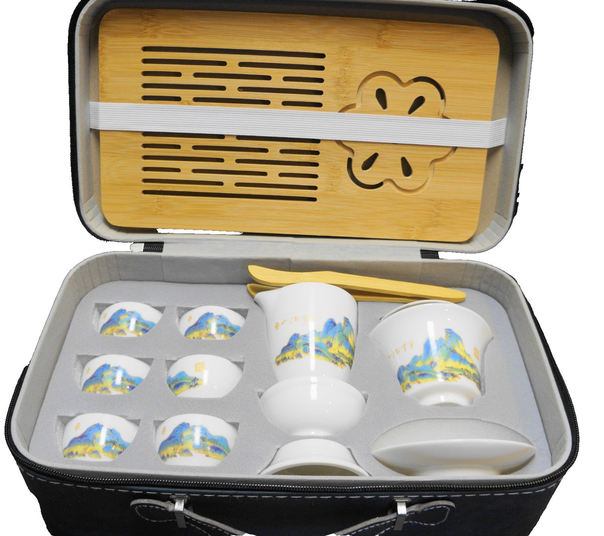IChag Chinese Porcelain Tea Set White Blue Flowers Leather Case