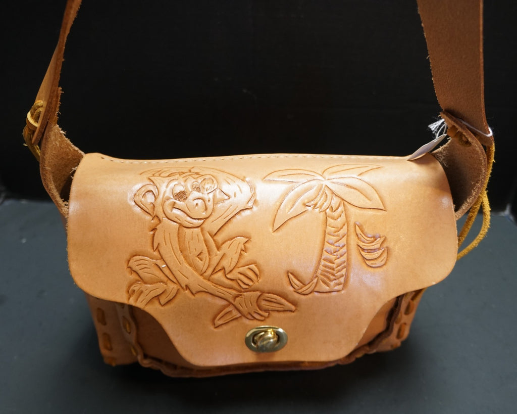 Hand Tooled Leather Light Brown Purse Monkey Palm Tree With Wallet