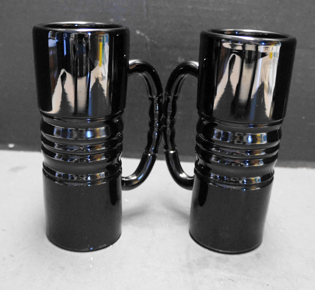 Tiara Exclusives Black Glass Ribbed Tall Mugs Steins Pair Indiana Glass