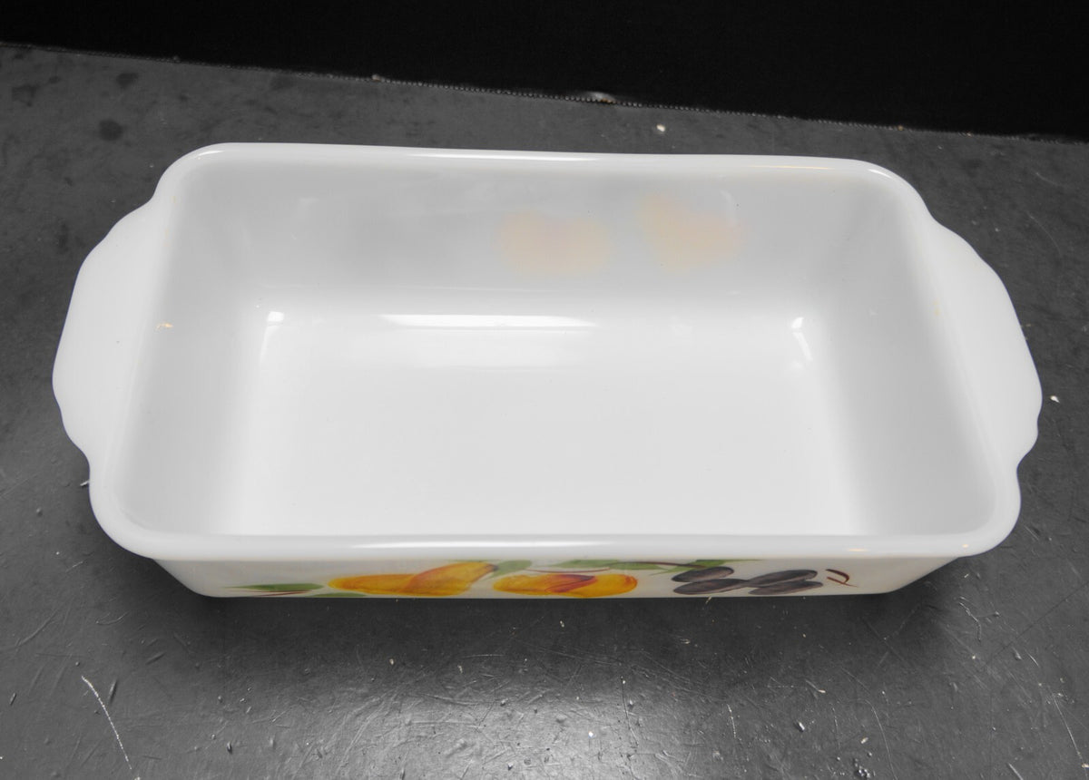 Gay Fad Fruits Fire King Milk Glass Loaf Pan Tab Handles