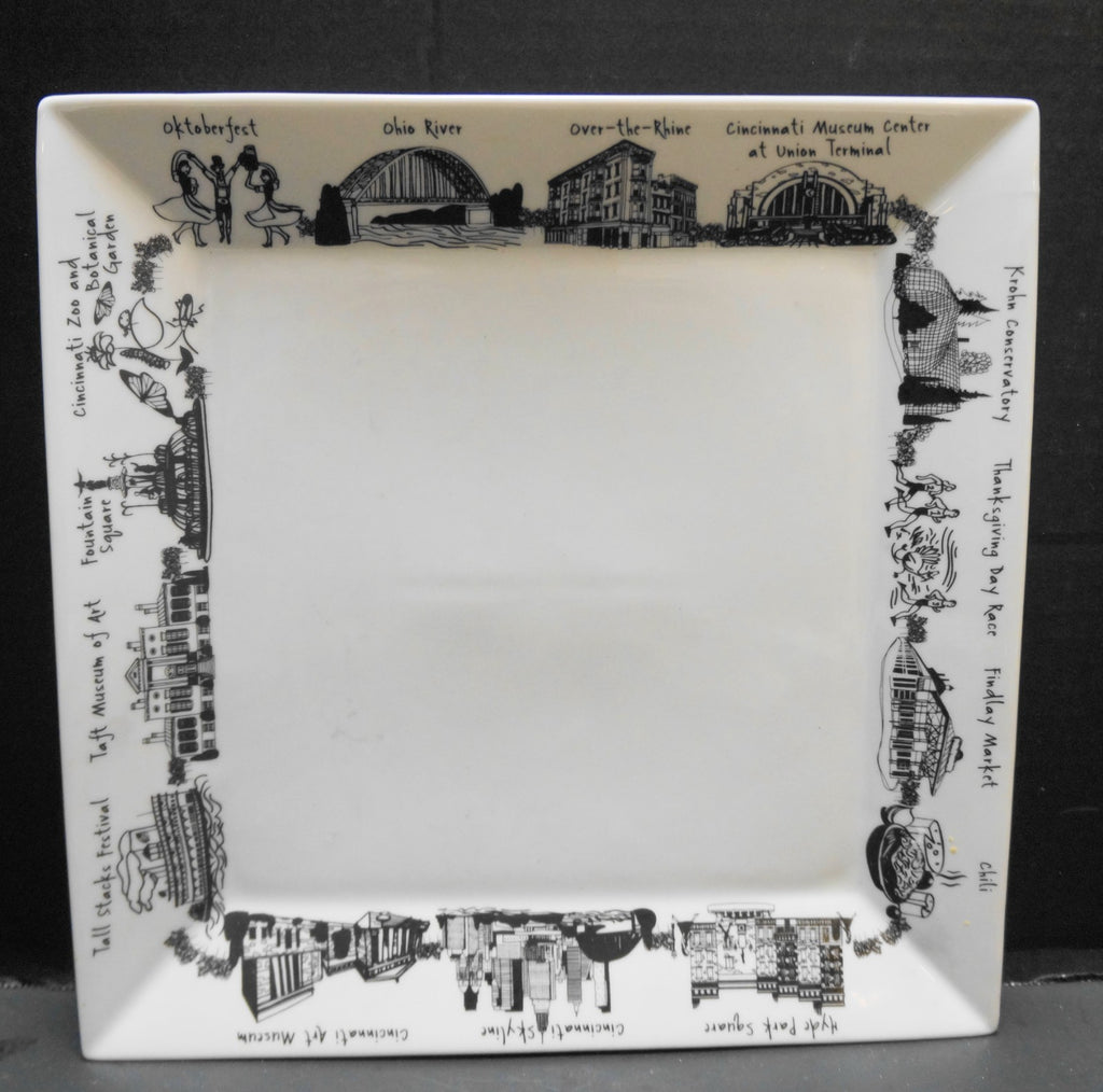 Cincinnatti Skyline The Dish Large Square Plate 10 1/2" Black White
