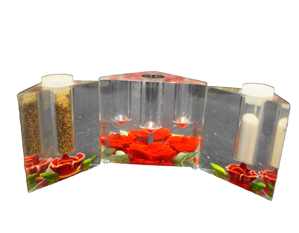 Bircraft Lucite Carved Rose Salt Pepper Shakers Single Candle Holder