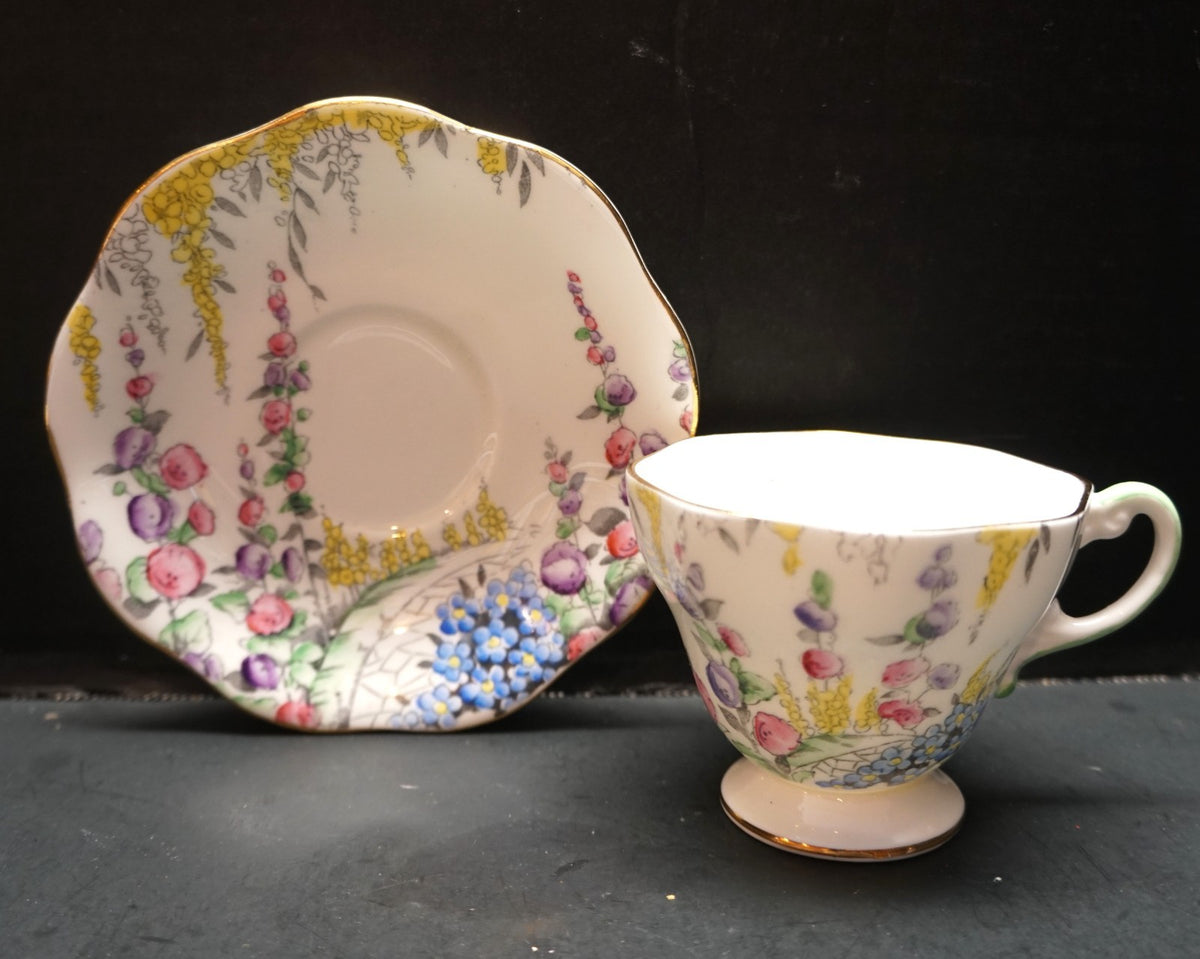 Foley Hand Painted Hollyhocks Garden Path Cup Saucer Bone China England