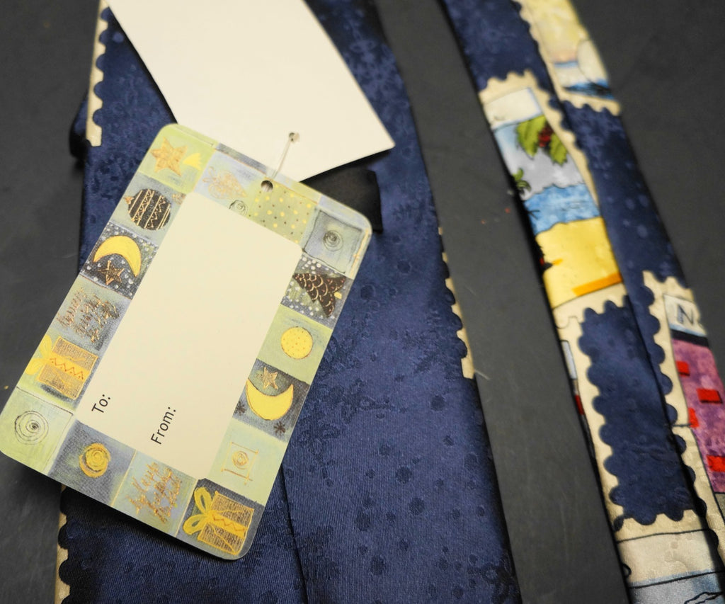American Greetings Snowmen Around the World Stamps Navy Blue Silk Tie