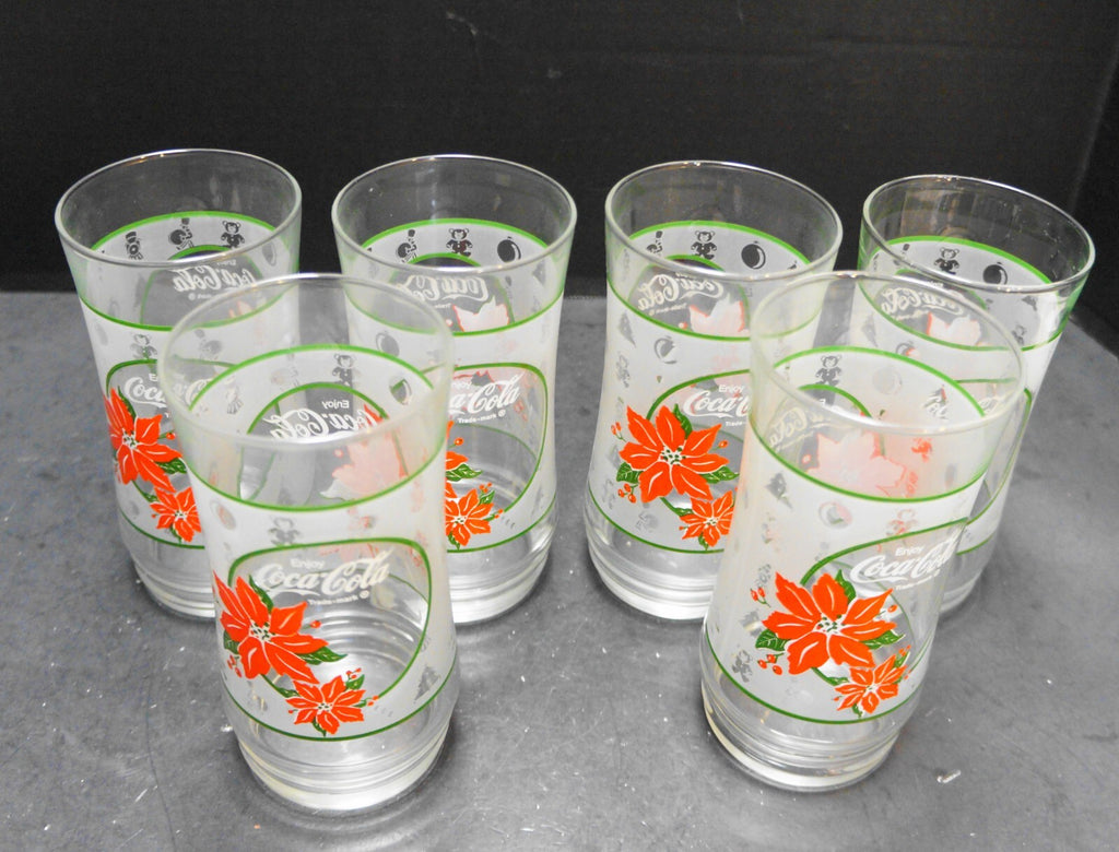 Enjoy Coca-Cola Frosted Glass Tumblers Poinsettia 1980s Set of 6