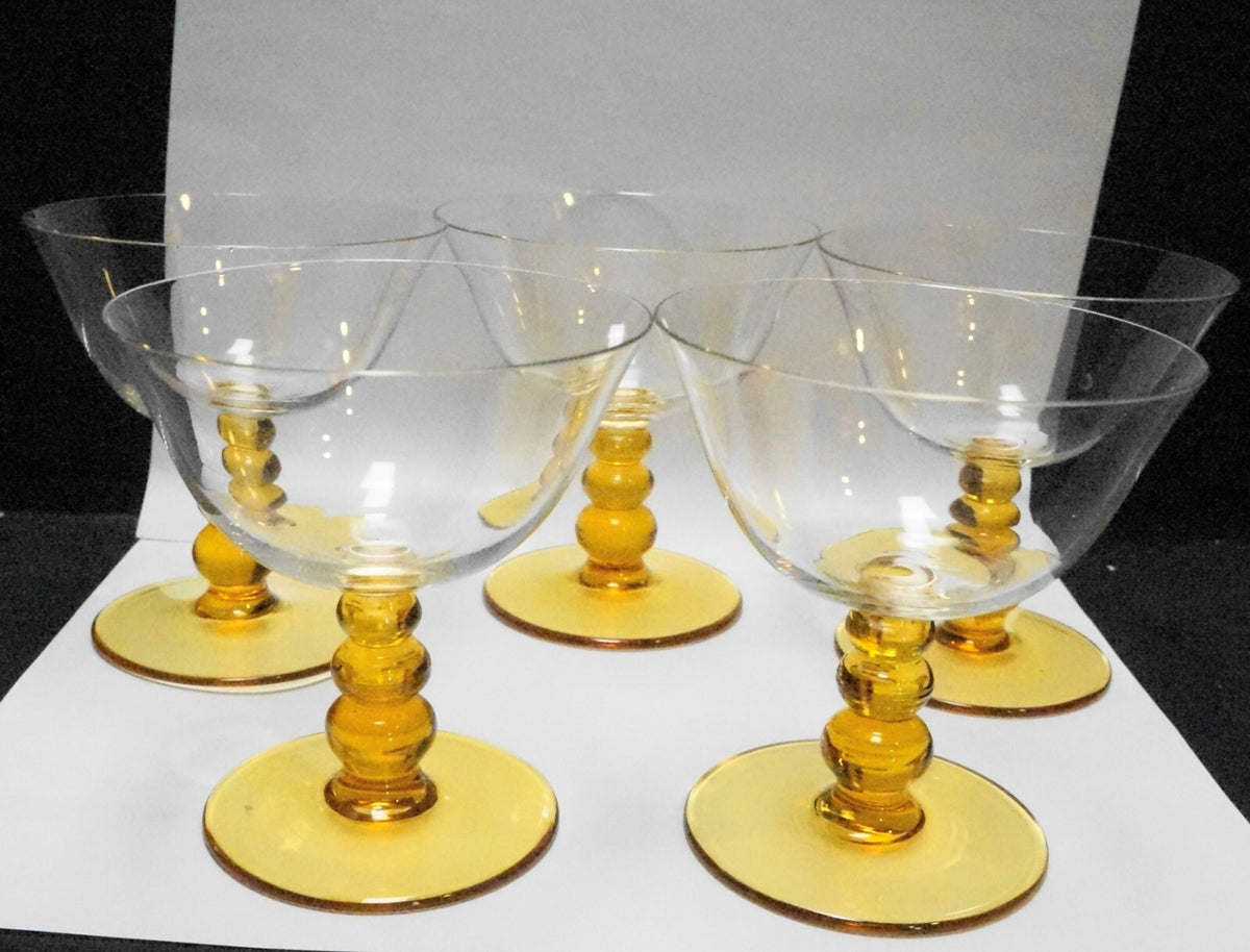 Amber Ball Stem Clear Bowl Blown Glass Sherbets Set of 5