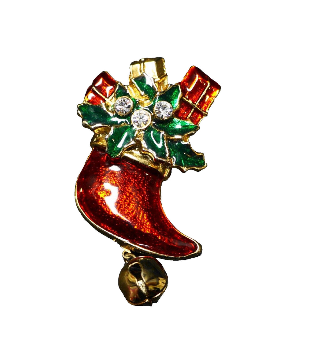Christmas Stocking Red Green Enamel Clear Rhinestone Gold Tone Pin