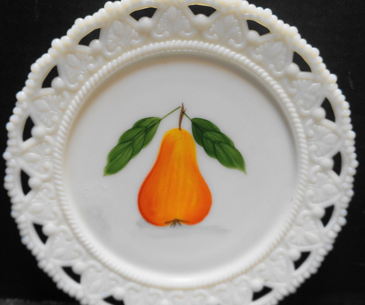 Kemple White Milk Glass Hand Painted Pear Lace Edge Hearts Beaded Plate