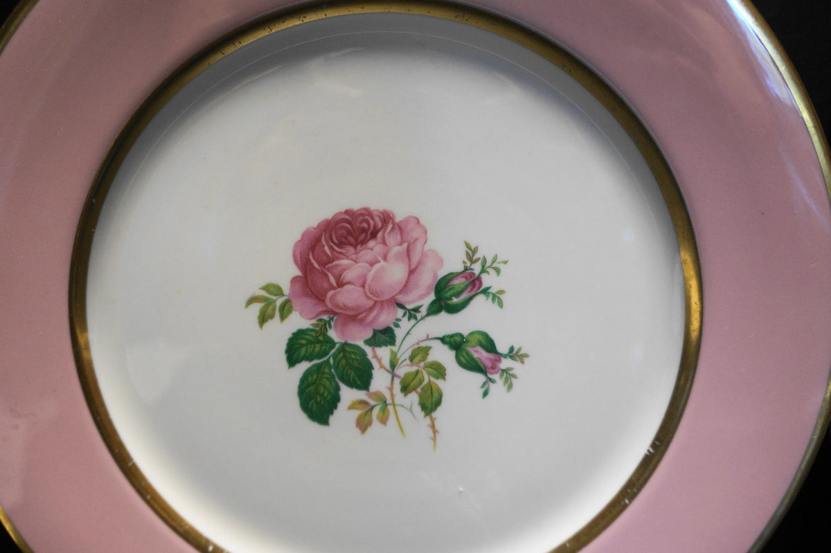 Flintridge Pink Rim Gold Trim Pink Rose FL11 Dinner Plates Pair