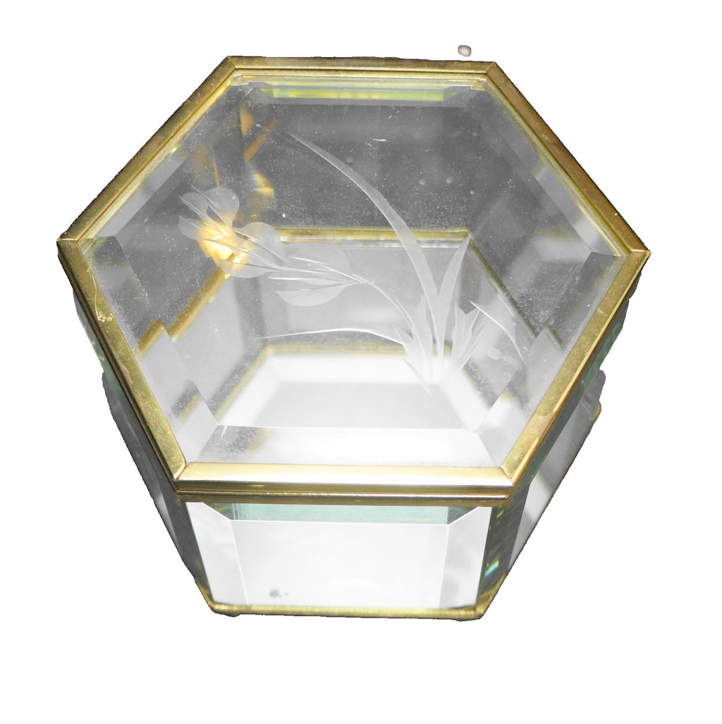 Beveled Glass Cut Flowers Lid Hexagon Jewelry Trinket Box