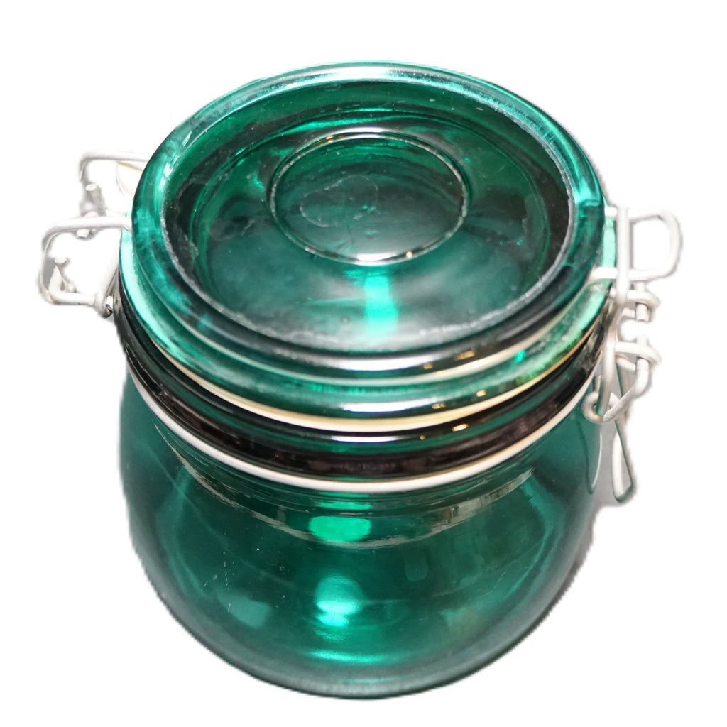 Teal Emerald Green Glass Short Canister Jar Wire Bale