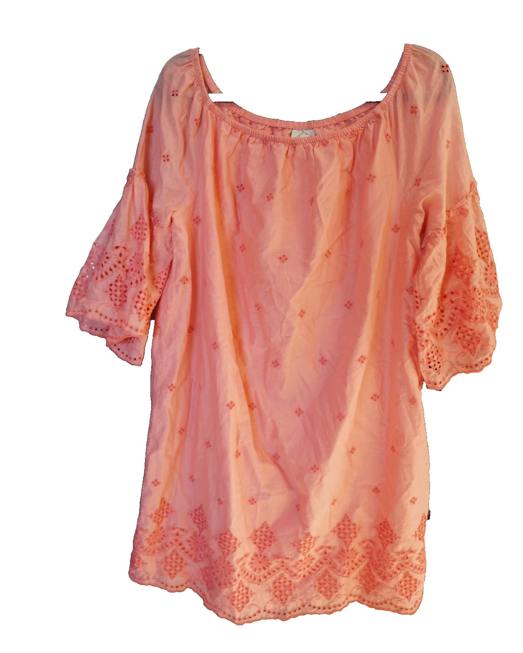 St Johns Bay Women Cotton Embroidered Top/dress Large Sugar Coral Bell Sleeves