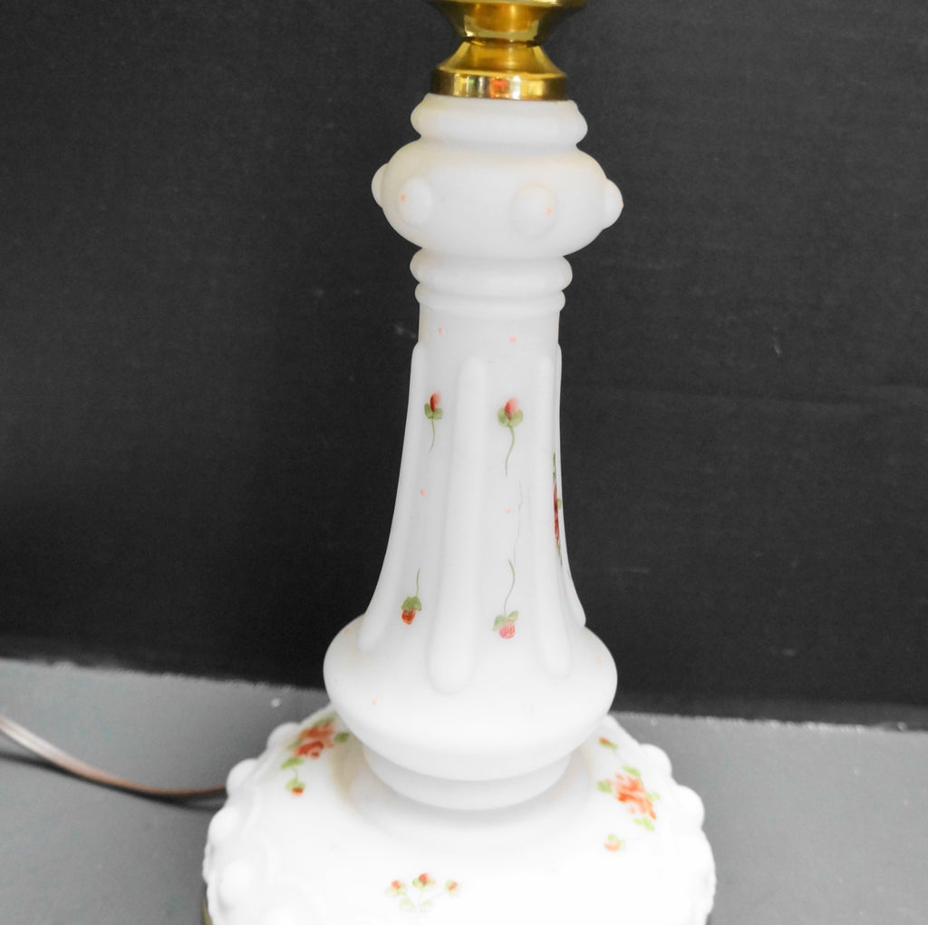 Satin Milk Glass Electric Table Lamp Hand Painted Roses