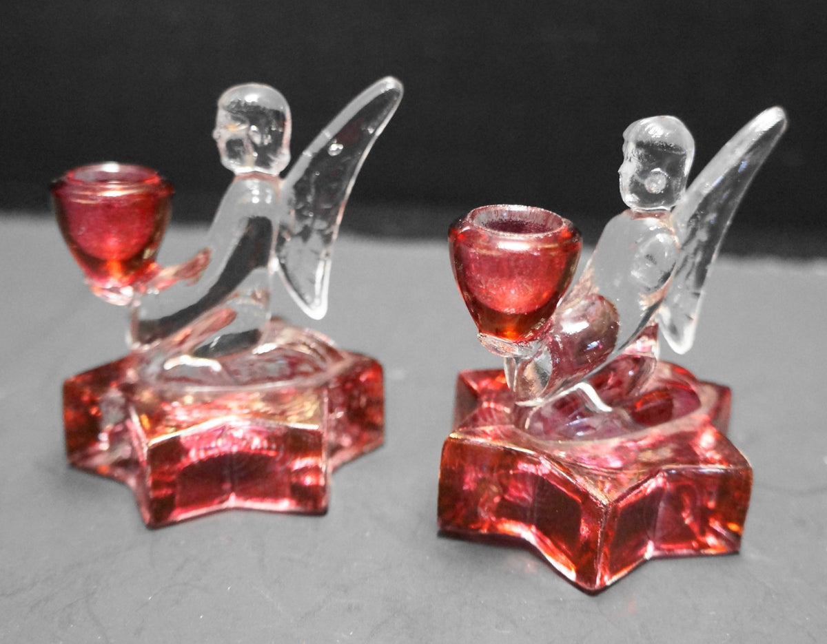 LE Smith Small Angel Candle Holders Star Base Crystal Ruby Flashed Pair