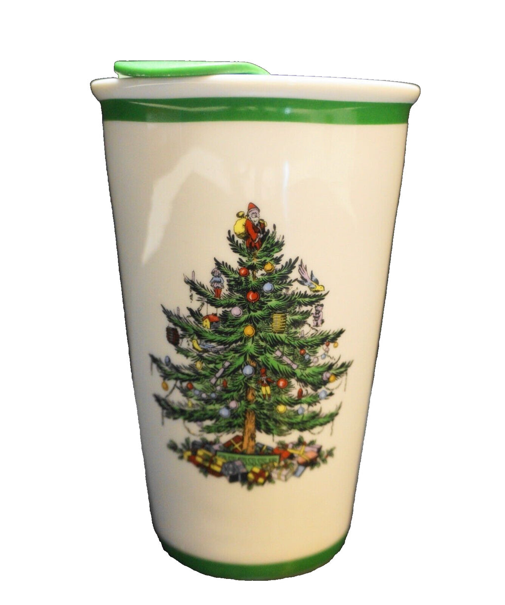 Spode Christmas Tree Travel Mug Coffee Tumbler 11 0Z Ceramic Green Lid
