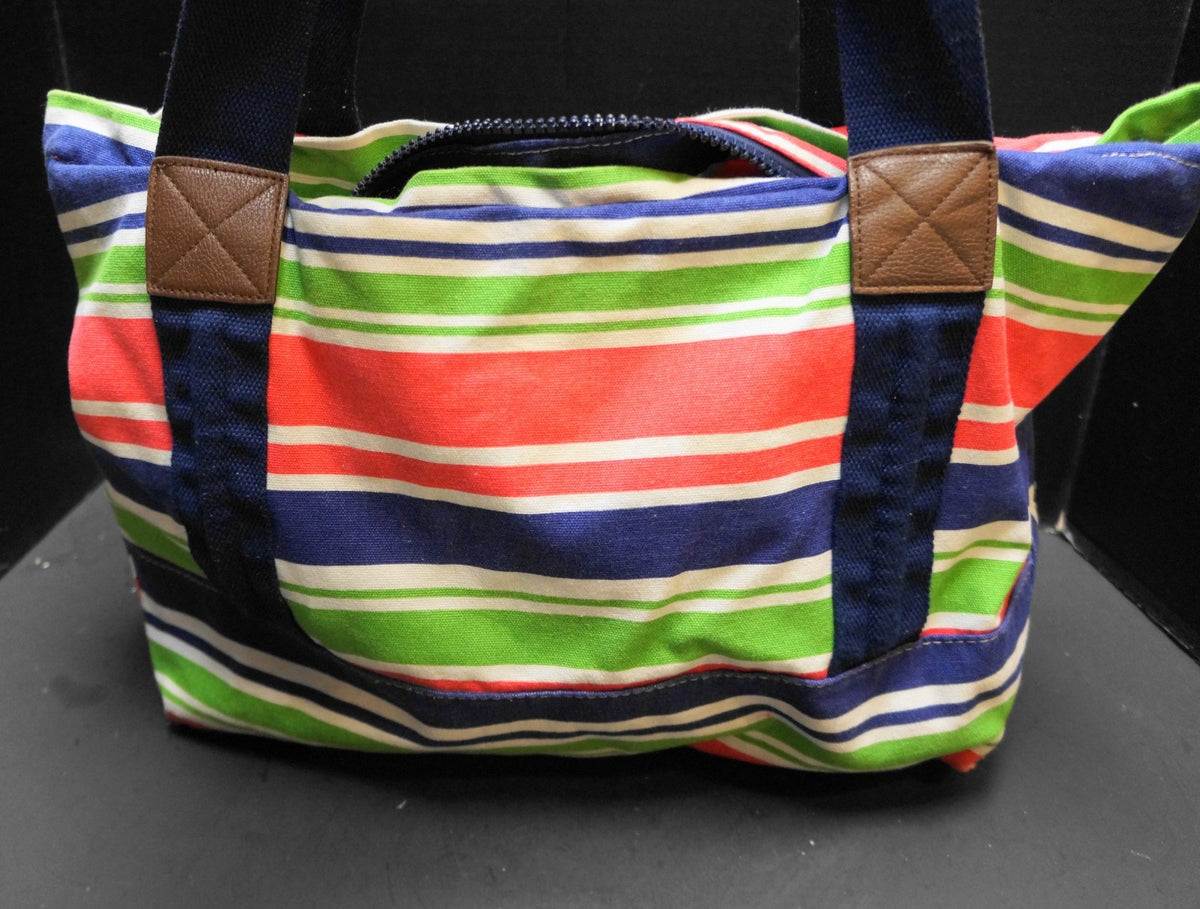 Sloane Ranger Blue Pink Green Striped Canvas Tote Zipper Top Shoulder Bag Duffel