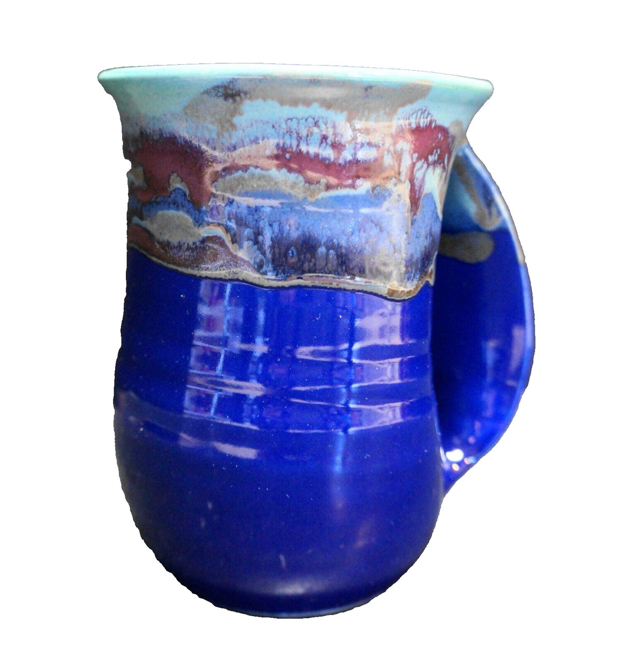 Neher Pottery Hand Warmer Mug Cobalt Blue Teal Drip Glaze 2010