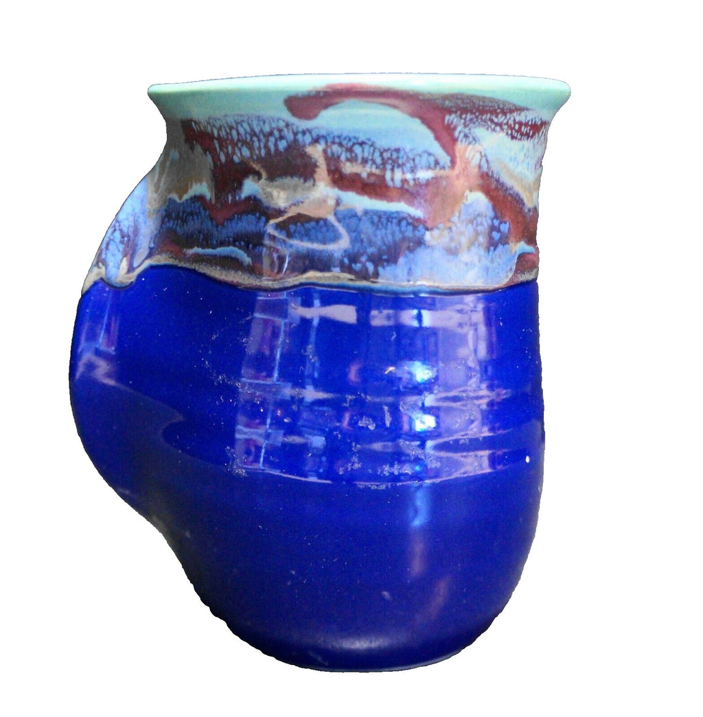 Neher Pottery Hand Warmer Mug Cobalt Blue Teal Drip Glaze 2010