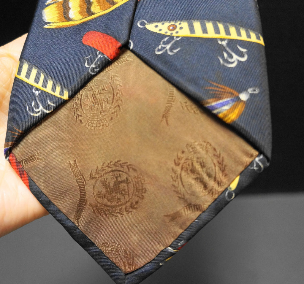 Tommy Hilfiger Fishing Lures Fly Flies Print Navy Blue Italian Silk Tie