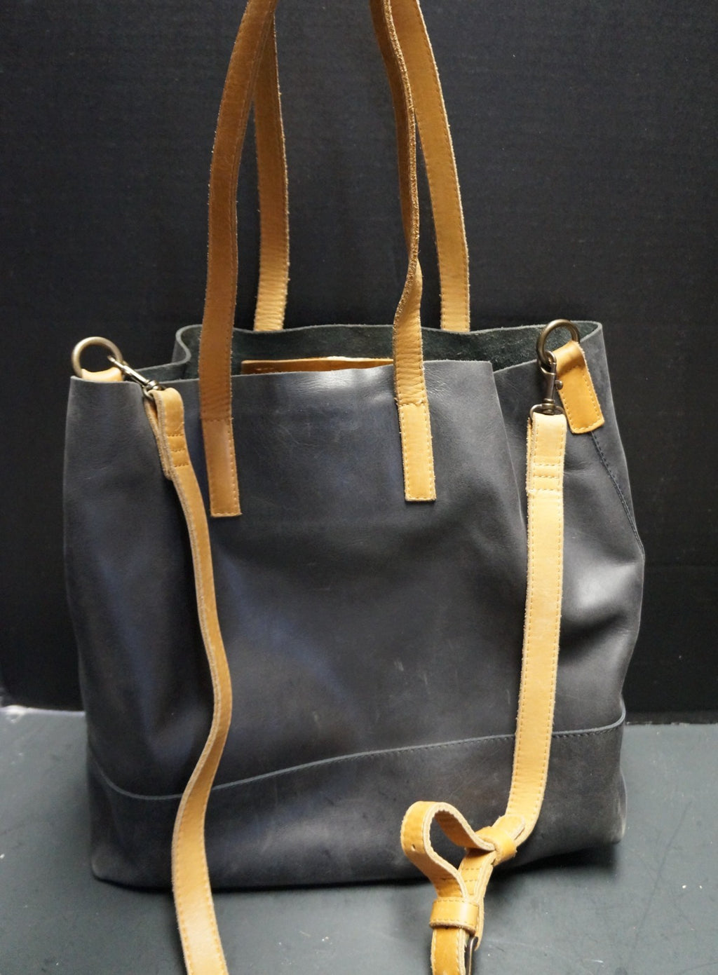 Able Abera Black Cognac Leather Crossbody Tote Purse Made in Mexico