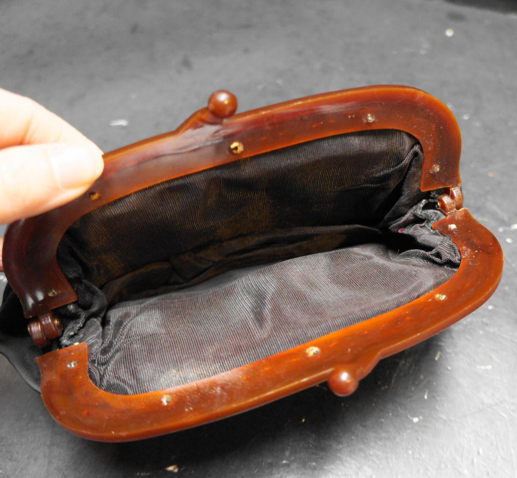 Black Satin Clutch Purse Root Beer Lucite Frame Kiss Clasp